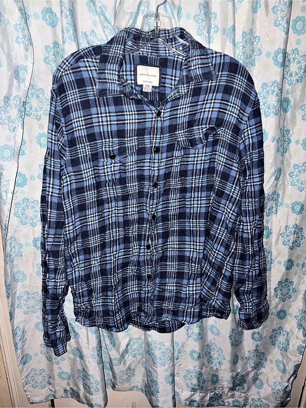 American Eagle Plaid Cotton Shirt in Blue & White Size Medium